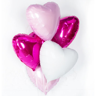 Связка из 5 шаров Сердца Розовый Фуксия Белый
